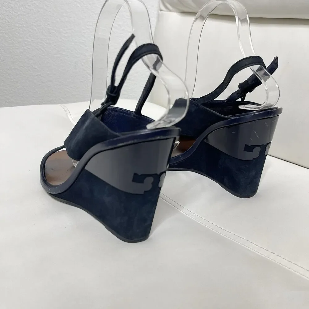 Tory Burch Slingback Wedge Sandals 7.5 Blue Suede Gabrielle Quiet Luxury Shoes